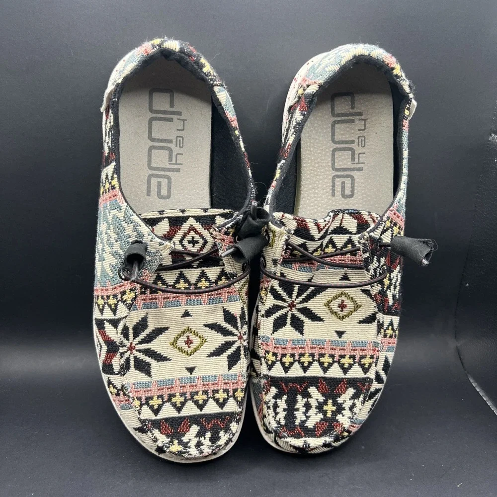 Size 8 - Hey Dude Wendy Woven Black Aztec Women's Slip On Loafers Boat Shoes